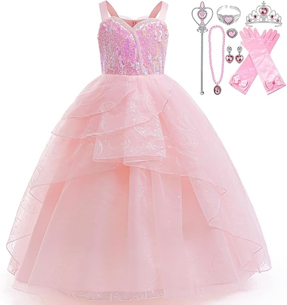 Photo 1 of **ONLY THE DRESS, WAND AND GLOVES**Glinda Costume for Girls Pink Bubble Tulle Dress Princess Sequins Mesh Outfits with Crown and Wand 8-9 YEARS
