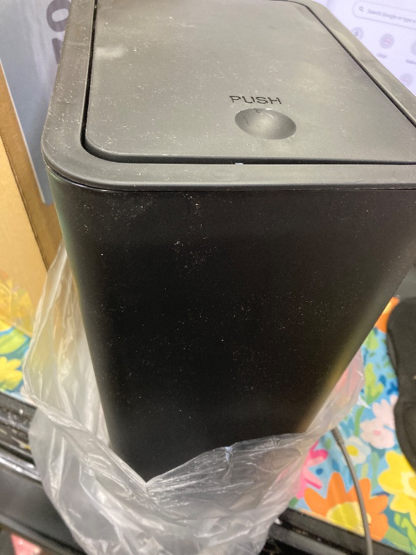 Photo 1 of   **NEEDS TO BE CLEANED*    TIPGO Bathroom Trash Can with Lid, 10 Liter/ 2.6 Gallon Slim Garbage Can, Small Trash Bin Waste Basket with Pop-Up Lid for Kitchen, Bedroom, Living Room, Office (Black)