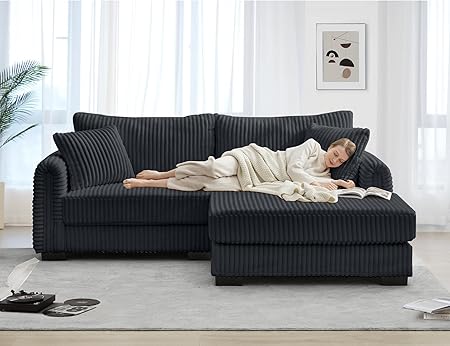 Photo 1 of L-Shaped Sectional Sofa, Oversized Loveseat Corduroy Couch with Reversible Chaise, USB Charging Port, Side Pocket, Deep Seat Corner Couch for Living Room, Apartment (Dark Gray)