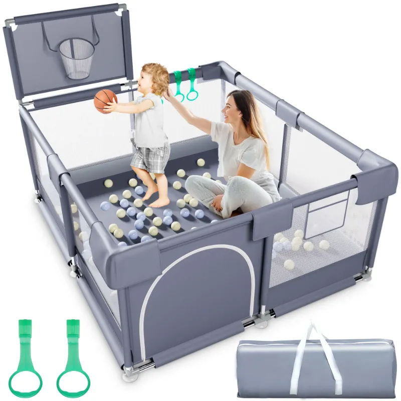 Photo 1 of Babyeap Baby Playpen, Play Yard, Toddlers Playards, 50"x50" Infant Travel Fence with Basket, Gray

