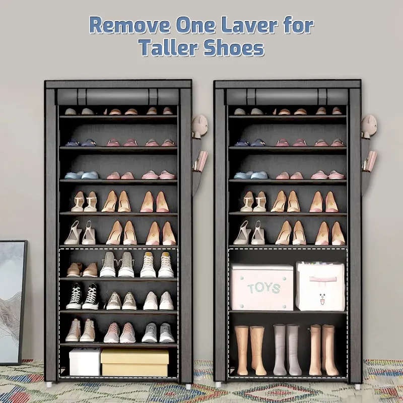 Photo 1 of 10 Tier Shoe Rack with Covers, Large Capacity Stackable Tall Shoe Organizer Storage, Sturdy Metal Free Standing Shoe Shelf for Closet Entryway Garage
