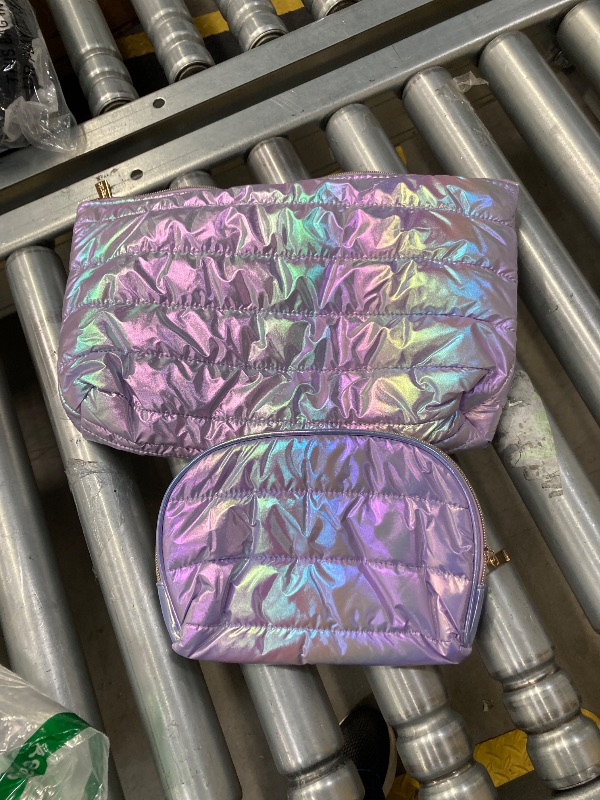Photo 1 of ***(MISSING ONE BAG, SELLING AS IS )*** Hiroyuki Iridescent Quilted Makeup Bag, 2pcs Cosmetic Bag Set, Large Capacity Travel Pouch (plain, purple)