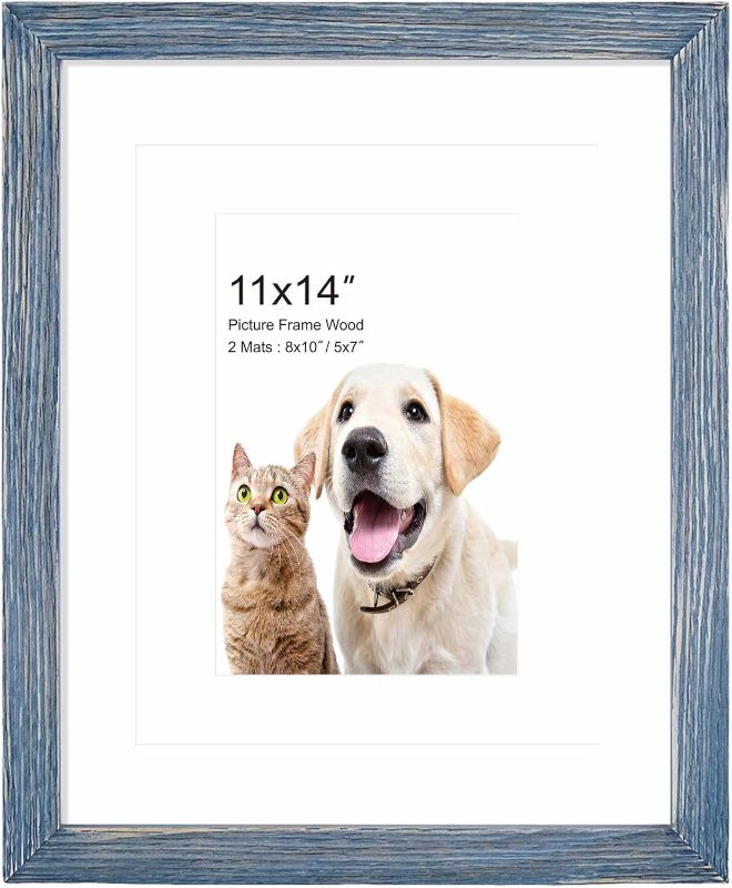 Photo 1 of 11x14 Picture Frame,Solid Wood,Display Pictures 5x7, 8x10 with Mat or 11x14 Without Mat,Photo Frame for Wall Mounting or Tabletop (Blue, 2 pcs.)