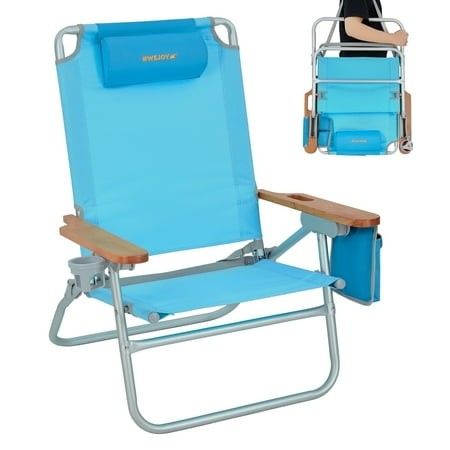 Photo 1 of #WEJOY Portable Low Beach Chair Foldable Backpack Beach Chairs 4-Position Reclining Beach Chairs Aluminum Lawn Chair with Wooden Arms and Cup Holder