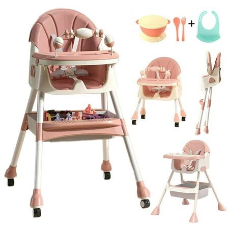Photo 1 of *Parts Missing. Selling as is** HAOUUCYIN 4-in-1 Baby High Chair Portable Dining Chairs Eat & Play with Five-Point Double-Layer Dinner Plate and Toy Rack 9.48 Lbs Pink
