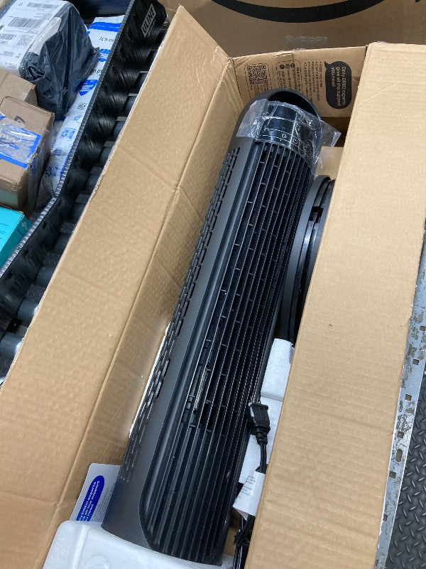 Photo 1 of *See photos for damage. Selling as is* Dreo Tower Fans for Home, 32" Standing Floor Fan, 26 ft/s Bladeless Fan with Remote, 90° Oscillating, 3 Modes, 3 Speeds, LED Display, 8H Timer, Quiet Room Fan
