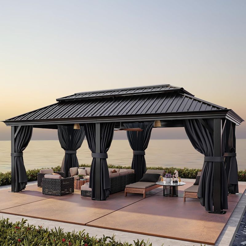 Photo 1 of *Roof Only?* HOTEEL 12x20 Hardtop Gazebo with Metal Roof & Drainage System, Heavy Duty Galvanized Steel Gazebo with Reinforced Aluminum Frame, Privacy Curtains and Netting, for All-Weather, Black (2025 Upgraded)
