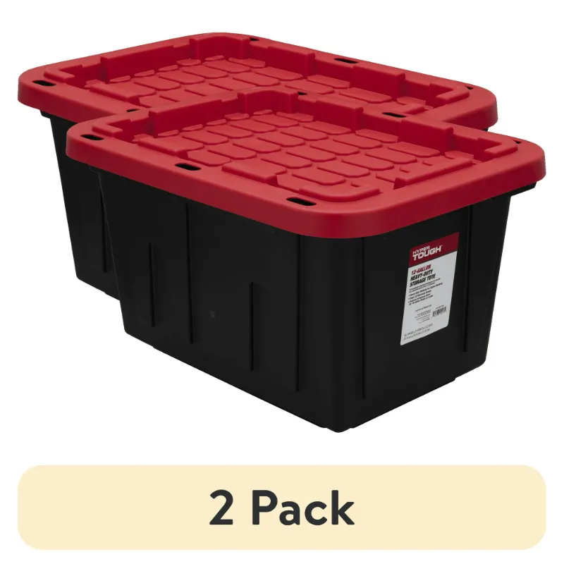 Photo 1 of (2 pack) Hyper Tough Small Storage Bin, 12 Gallon Plastic Storage Container with Snap-On Lid, Black and Red, Industrial
