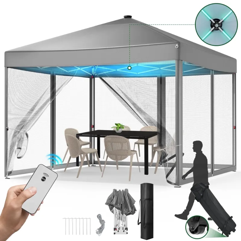 Photo 1 of *Small holein bag* Vecukty 10x10ft Pop Up Canopy Tent with Removable Mesh Mosquito Sidewalls, Remote-Controlled 8-Color LED Lights ,Instant Outdoor Shelter Gazebo Tent,Gray
