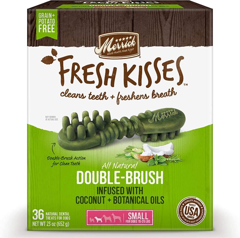 Photo 1 of 
Merrick Fresh Kisses Coconut + Botanical Oils Dental Dog Treats for Small Dogs, 36 Brushes (Pack of 4)