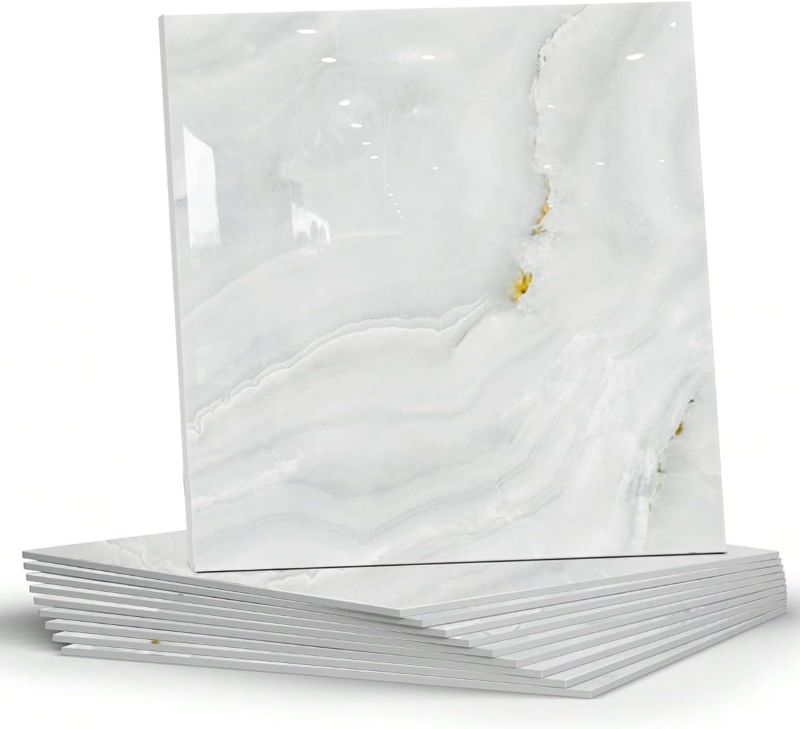 Photo 1 of 10 Sheets Marble Peel and Stick Backsplash Tile, 12"x12" Waterproof PVC Self Adhesive Tile Shower Wall Panels for Bathroom, Kitchen, Living Room (Gold Marble)

