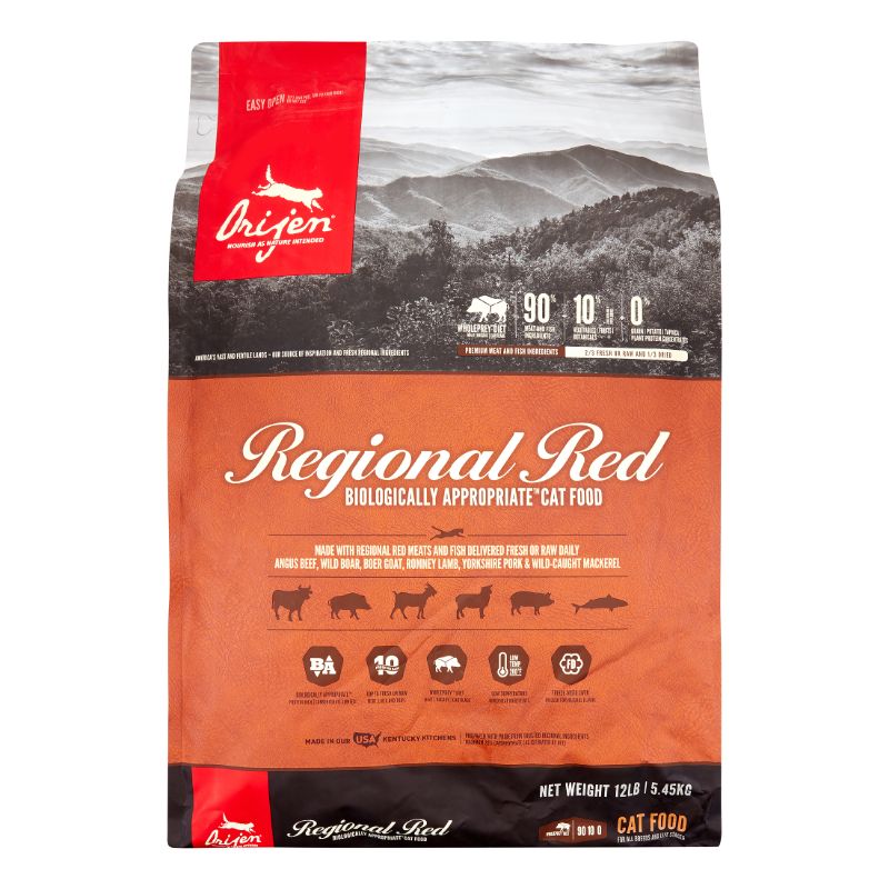 Photo 1 of **BB 4/26**ORIJEN Grain Free Regional Red Premium High Protein Fresh & Raw Animal Ingredients Dry Cat Food, 12 Lbs MADE WITH FARM RAISED BEEF, WILD BOAR, WILD CAUGHT HERRING, AND FARM RAISED LAMB