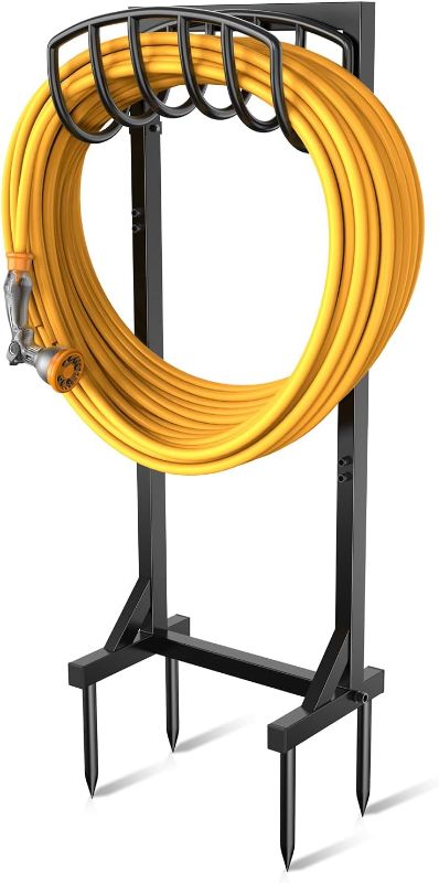 Photo 1 of Garden Hose Holder with 4 Spikes, Water Hose Holders for Outside, Outdoor Garden Hose Storage Heavy Duty 150ft Hose Hanger Metal Hose Stand Detachable Hose Reel Rack Organizer
