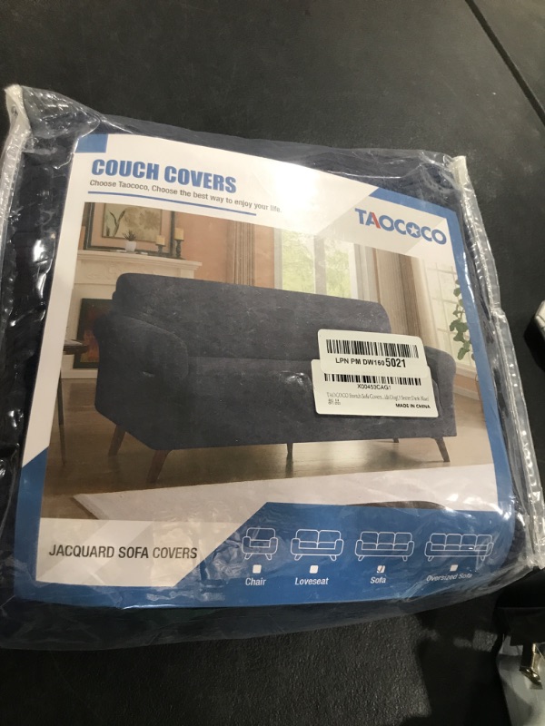 Photo 1 of TAOCOCO Stretch Sofa Covers for 3 Cushion Couch, 1Piece Non Slip Sofa Slipcover Washable with 2PCS Throw Pillow Covers, Jacquard Furniture Protector for Pets Dog(3 Seater,Dark Blue)