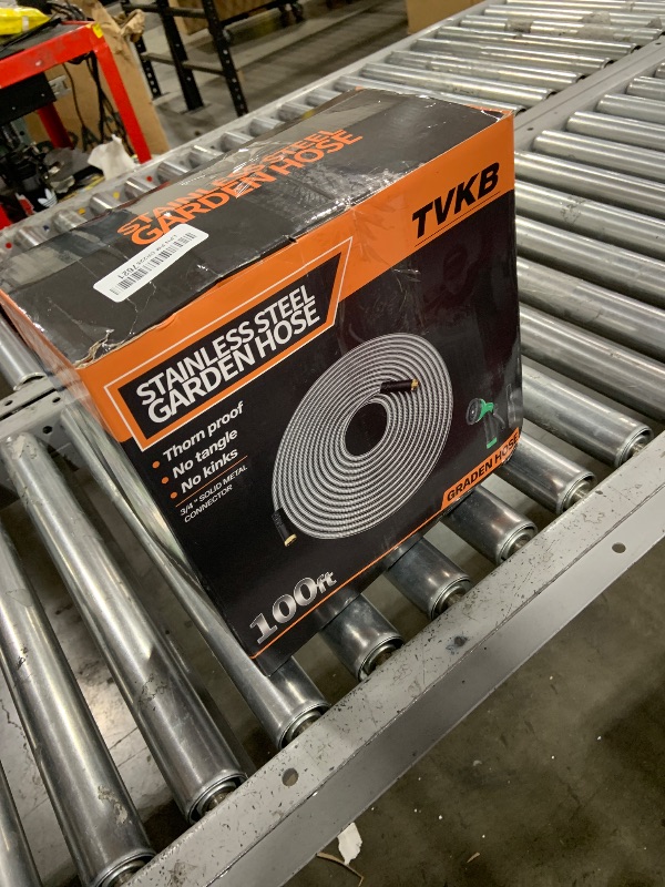 Photo 1 of TVKB Metal Garden Hose 100ft Stainless Steel Water Hose Super Tough Flexible Water Pipe with 3/4 inch Brass Fittings and Sprayer Nozzle, Kink & Tangle Free, Rust Proof