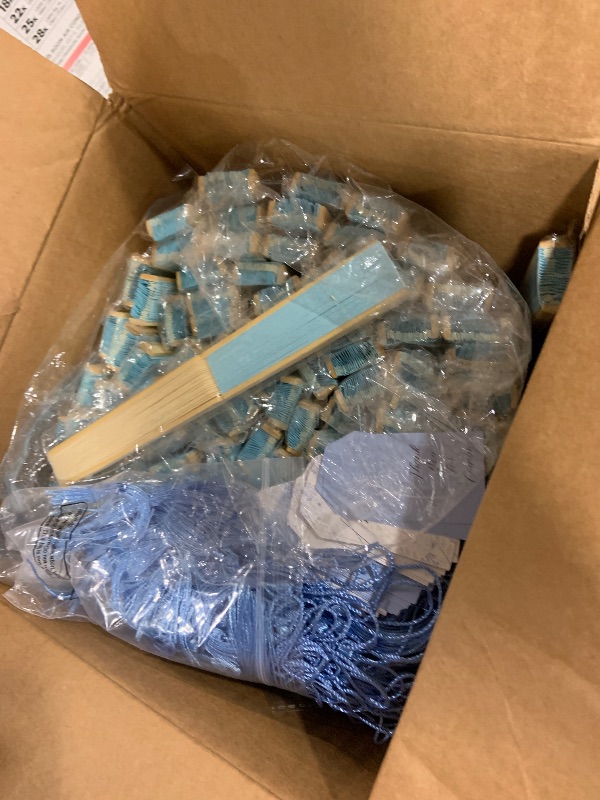 Photo 1 of Marsui 100 Set Folding Fans Wedding Fans Bamboo Hand Held Sandalwood Fans with Thank You Cards, Tassels and Gift Bags for Wedding Guests Party Favors Bridal Shower Church Decoration (Light Blue)