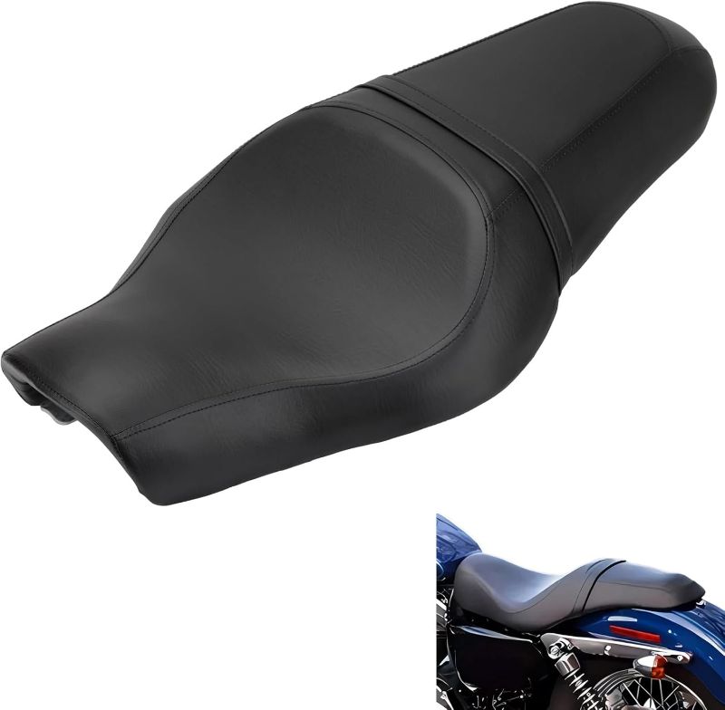 Photo 1 of Motorcycle 2-Up Driver Passenger Seats Front Rear Cushion Pad Black Leather Replacement for Harley Davidson Sportster Iron 883 1200 48 72 XL XR Custom 2004-Up