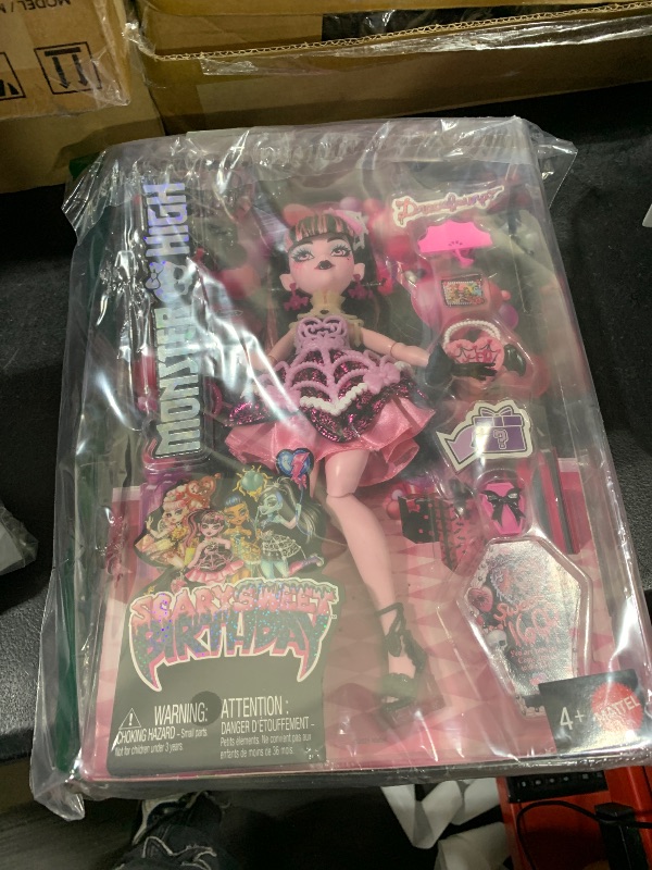 Photo 1 of Monster High Scary Sweet Birthday Doll, Draculaura in Pink Party Dress with Themed Accessories Like Invite, Balloon, Gift, Fan and More