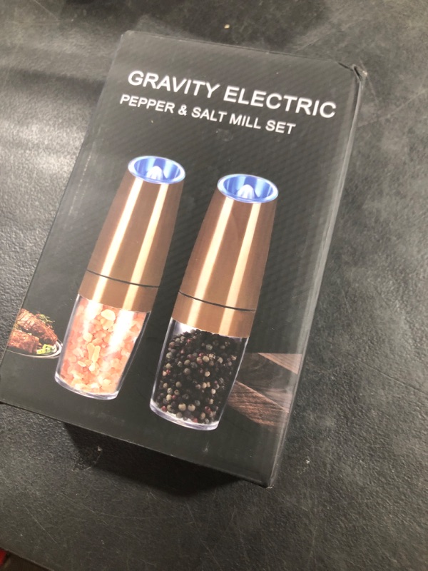 Photo 1 of Rongyuxuan Electri Gravity Salt and Pepper Grinder Set, Ceramic Rotor, Stainless Steel,Blue LED Light,Battery Powered, Adjustable Coarseness, Support One Hand Use, Ideal partner for kitchens, Copper