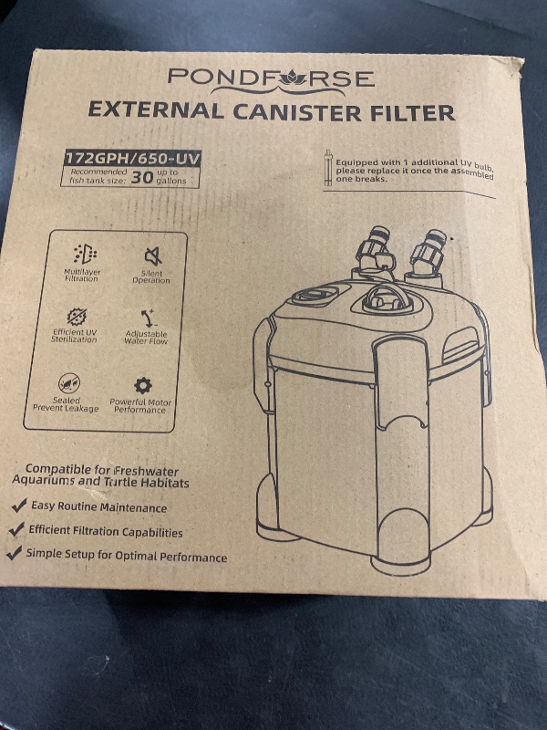 Photo 1 of PONDFORSE 172GPH Canister Filter, External Aquarium Filter Ultra-Quiet Water Circulation Cleaning Machine with Media for Fish Tanks and Aquariums Up to 30 Gallons (172GPH)