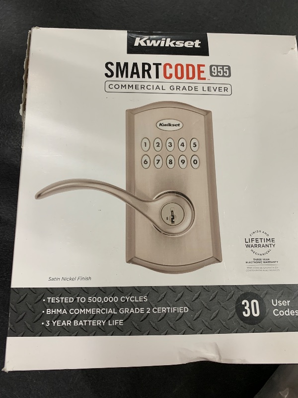 Photo 1 of Kwikset SmartCode 955 Pembroke Light Commercial 10-Button Keypad Electronic Lever, Featuring Convenient Keyless Entry, 3-Year Batter Life and High Traffic Durability Satin Nickel
