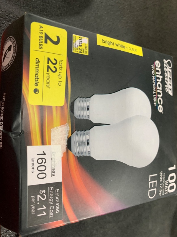 Photo 1 of Feit Electric A19 100W Equivalent LED Light Bulbs, Dimmable, 3000k Bright White, 1600 Lumens, 22 Year Lifetime, E26 Base, CRI 90, UL Listed, Damp Rated, 2 Pack, OM100DM/930CA/2