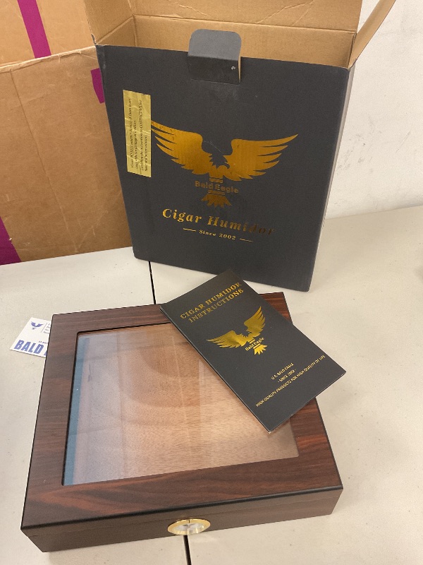 Photo 1 of Bald Eagle Handmade Cigar Humidor, Cedar Cigar Desktop Box with Humidifier and Hygrometer, Glass Top for 25 Cigars (20-25 Cigars)