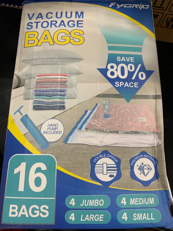 Photo 1 of Fygrip 16 Pack Vacuum Storage Bags with Hand Pump, 4 Jumbo + 4 Large + 4 Medium + 4 Small Plastic Packaging Bags, 80% Space Saver Vacuum Seal Bags for Clothing, Travel Luggage, Blankets, Comforters