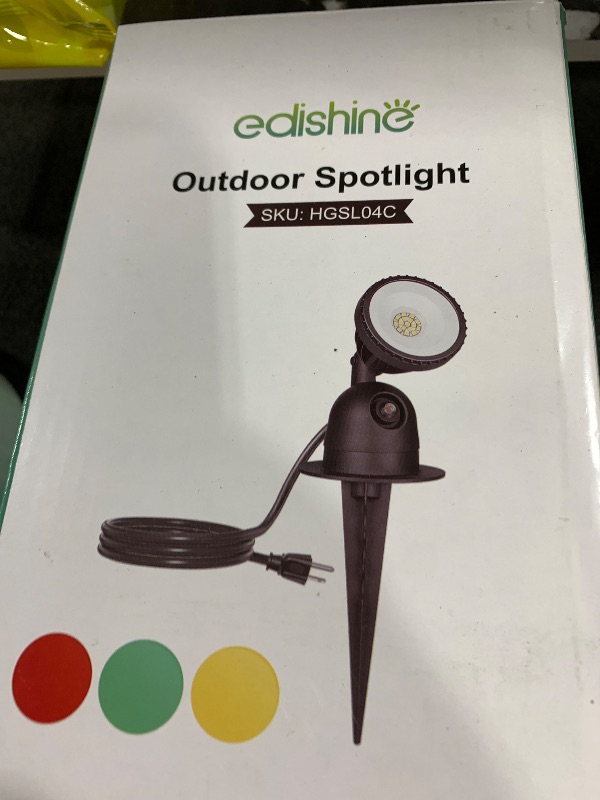 Photo 1 of EDISHINE Spot Light Outdoor, 3 Extra Lenses (Red Yellow Green), 120V 12W 4000K Dusk to Dawn Landscape Lighting, Waterproof LED Outdoor Spotlight for Yard, 180° Adjustable Head, UL Listed