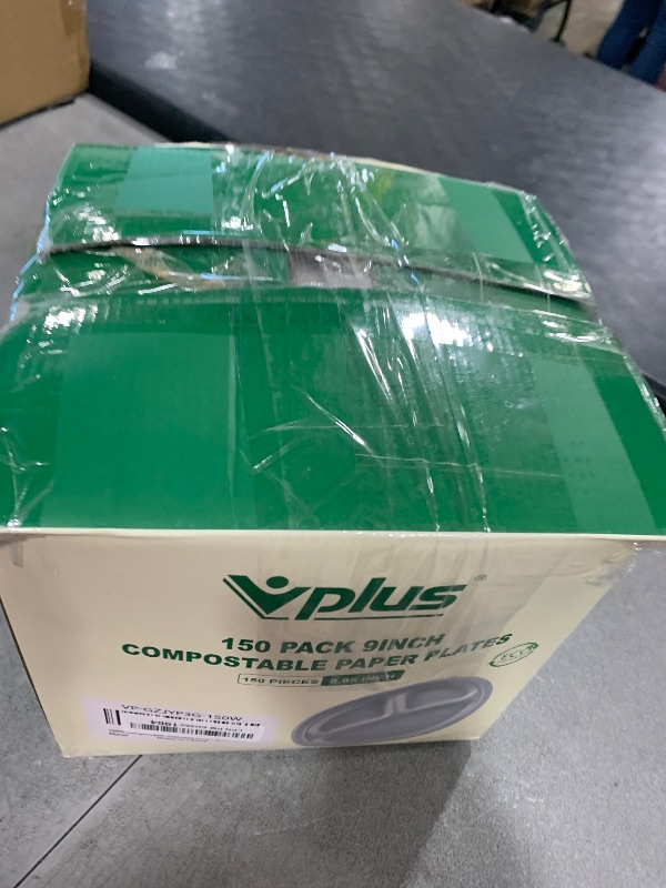 Photo 1 of Vplus 100% Compostable Paper Plates, 150 Pack 9 Inch 3 Compartment Plates Disposable, Heavy Duty Biodegradable Plates Made of Sugar Cane Fibers, for Daily meals, Dinner, Parties, BBQ