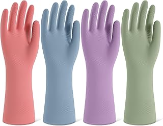 Photo 1 of Rubber Cleaning Gloves for Dishwashing, 4 Pairs Reusable Kitchen Gloves for Washing Dishes and Household Cleaning, Colorful Dish Gloves with Flocked Lining and Non-Slip Grip, Pefect for Woman Men - M
