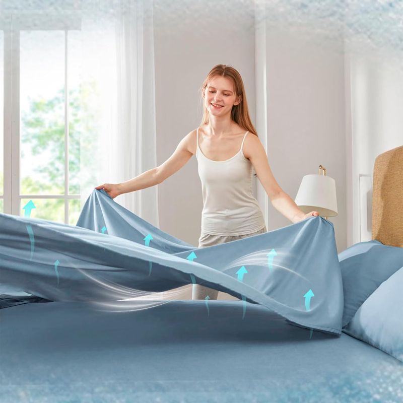 Photo 1 of Comfort Spaces Queen Cooling Sheets, Moisture Wicking Coolmax Sheets, Soft, Colorfast Sheet Set, Cooling Bed Sheets For Hot Sleepers, Elastic Deep Pocket Fits Up to 16" Mattress, Queen Blue 4 Piece