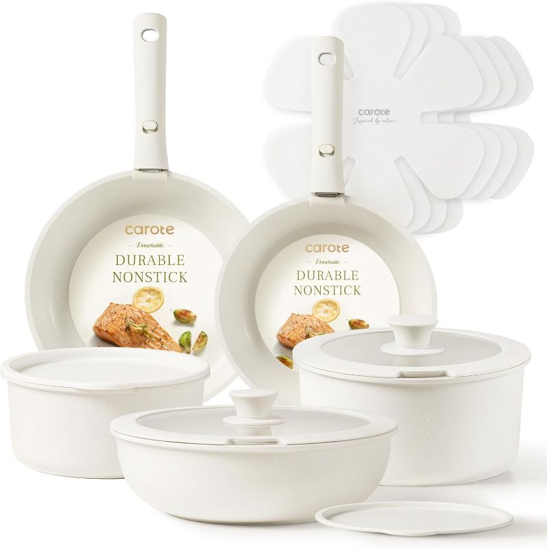 Photo 1 of CAROTE 19pcs Pots and Pans Set Non Stick, Cookware Sets, Kitchen Set, Oven/Fridge Safe, Space Saving Pots Set, Nonstick Cooking Set with Versatile Detachable Handle, Induction RV Set, Cream White
