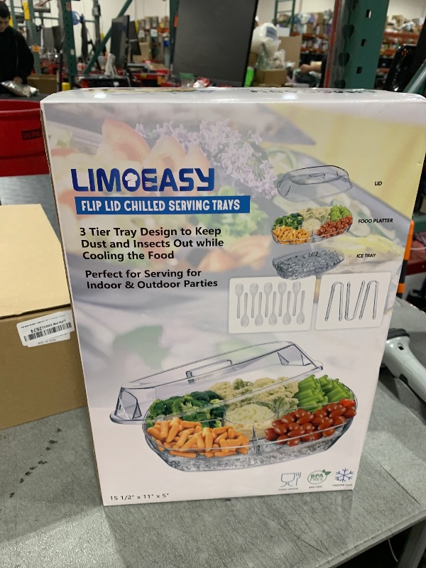 Photo 1 of LIMOEASY Chilled Veggie Tray, 15 Inch Clear Party Platter with 4 Compartments, Ice Serving Bowl with Lid, Cold Food Buffet Server for Fruit, Vegetable, Appetizer, Shrimp