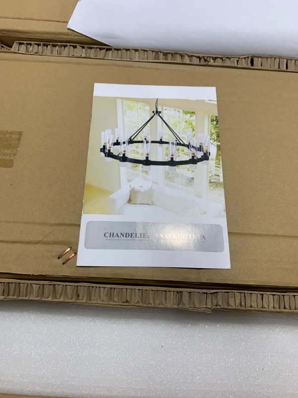 Photo 1 of NiuPaoLy Modern Farmhouse Black Wagon Wheel Chandelier for High Ceilings, 24 Lights 70 Inch Large Industrial 