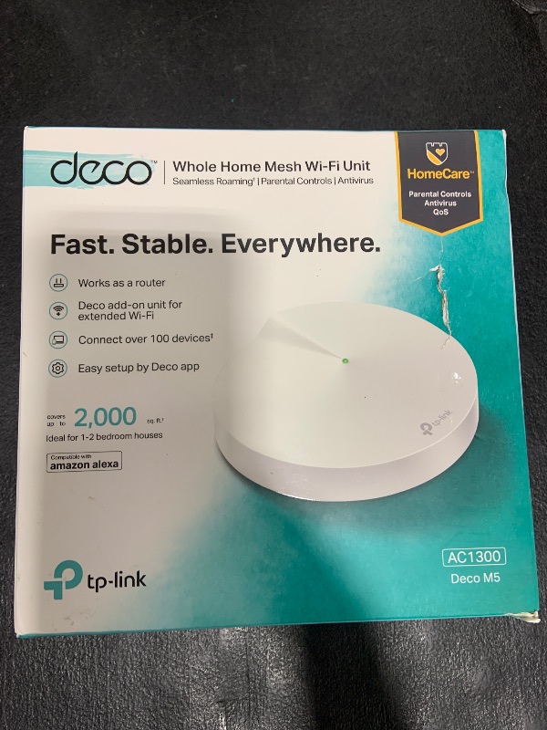 Photo 1 of TP-Link Deco Mesh WiFi Router (Deco M5) – Dual Band Gigabit Wireless Router, Quad-core CPU, MU-MIMO, HomeCare, Parental Control, Up to 2,000 sq. ft. Coverage, Works with Alexa, 1-pack