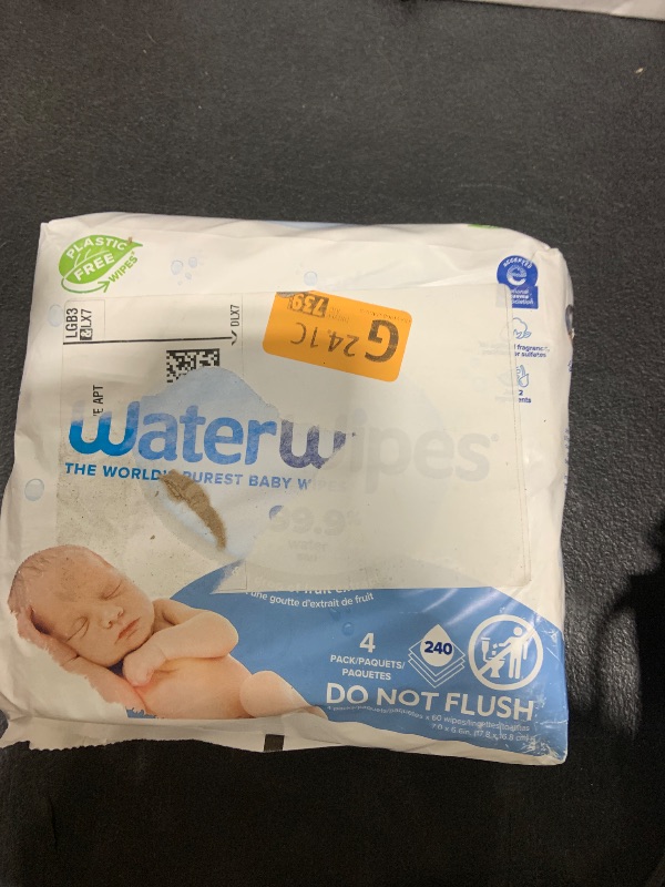 Photo 1 of WaterWipes Plastic-Free Original Baby Wipes, 99.9% Water Based Wipes, Unscented & Hypoallergenic for Sensitive Skin, 240 Count (4 packs), Packaging May Vary