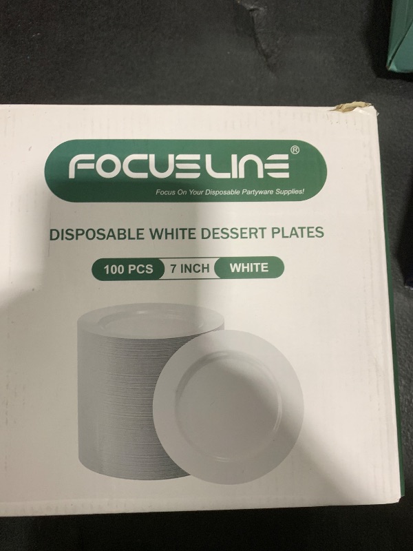 Photo 1 of FOCUSLINE 100 Count White Plastic Dessert Plates 7 Inch, Disposable Heavy Duty Plastic Plates for Weddings, Parties and Events