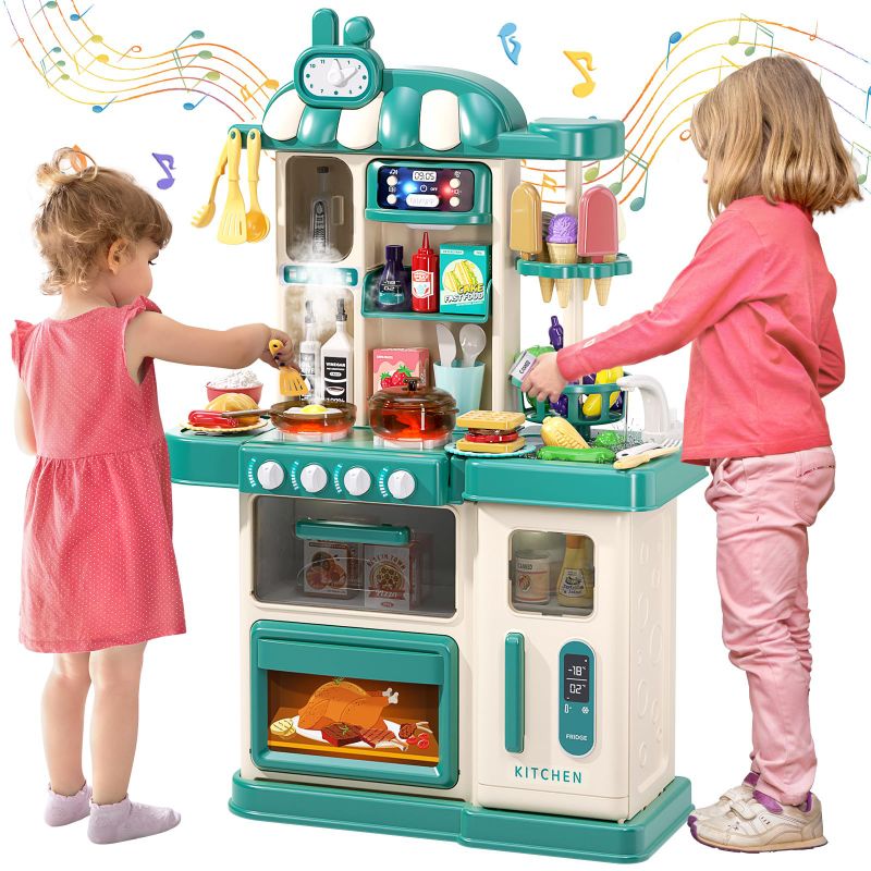Photo 1 of AIQI 47PCS Kids Kitchen Playset with Sound & Light, Cooking Stove with Steam, Play Sink and Toy Kitchen Accessories
