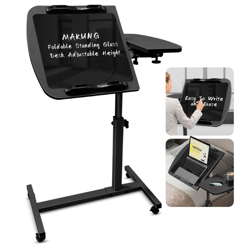 Photo 1 of MAKUANG Rolling Laptop Desk Adjustable Height with Writing Glass, Over Bed Table with 2 Tilting Desktops and Wheels