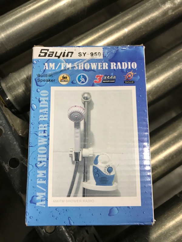 Photo 1 of Shower Radio, 3V 0.5W Adjustable Volume Shower AM FM Button Speaker Portable Waterproof Speaker Bathroom Shower Speakers Wireless Radio with Top Handle (White and Blue)