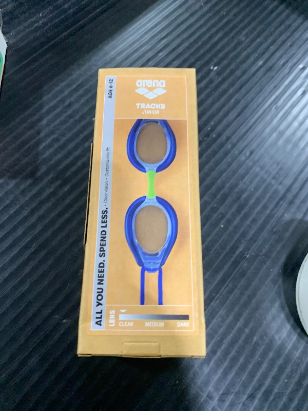 Photo 1 of Arena Tracks Unisex Junior Youth Essential Racing Swim Goggles Kids Swimmers Young Racers 6-12 Anti-Fog Coated Non-Mirror Lens, Clear/Blue