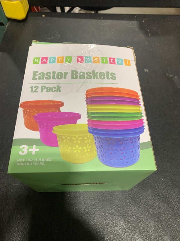 Photo 1 of 12 Pack Easter Baskets for Kids, Plastic Easter Bags with Handles, Easter Bucket Bags Filled with Grass for Easter Egg Hunt, Perfect Theme Party Favors