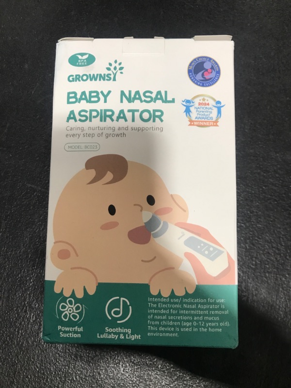 Photo 1 of GROWNSY Nasal Aspirator for Baby, Electric Nose Aspirator for Toddler, Baby Nose Sucker, Automatic Nose Cleaner with 3 Silicone Tips, Adjustable Suction Level, Music and Light Soothing Function