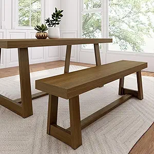 Photo 1 of Plank+Beam 60 Inch Farmhouse Dining Bench, Solid Wood Entryway Bench, Wooden Outdoor Bench, Kitchen Dining Seat, Dining Room, Home Office, Living Room Furniture, Easy Assembly, Pecan Wirebrush
