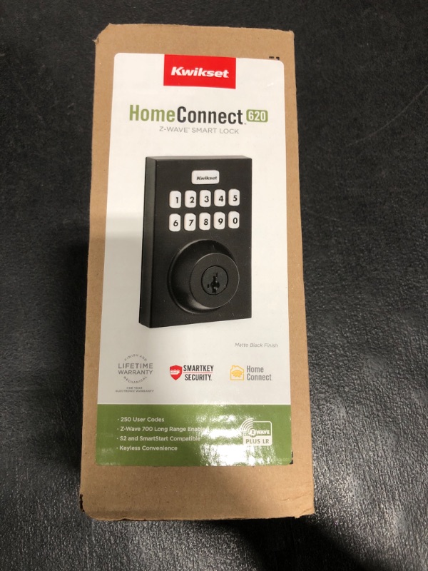 Photo 1 of Kwikset Home Connect 620 Smart Lock Deadbolt with Z-Wave Technology, Works with Ring Alarm, Samsung Smartthings and More, Z-Wave Hub Required, Contemporary Design in Matte Black