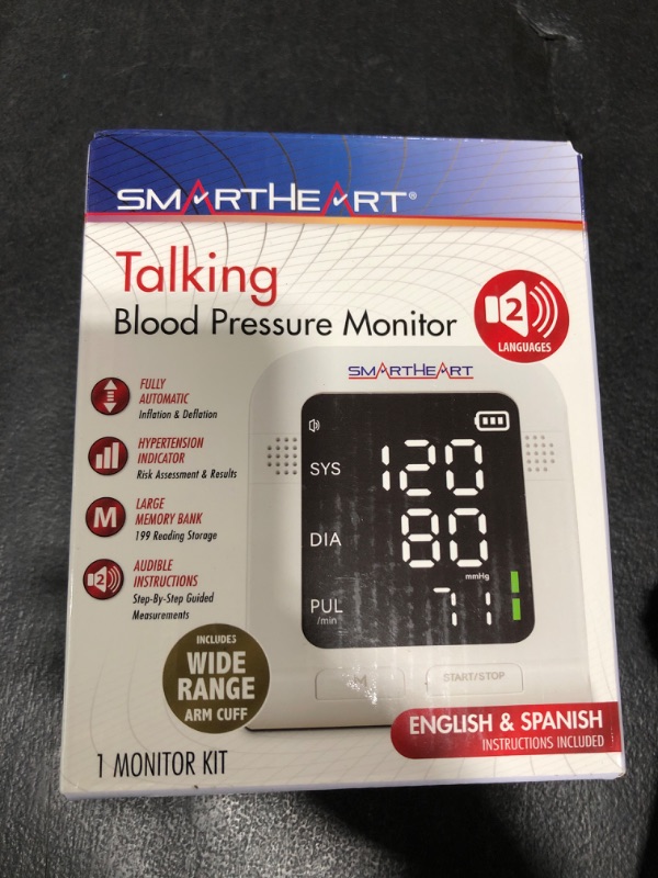 Photo 1 of SmartHeart Blood Pressure Monitor | Wide-Range Upper Arm Cuff | Audible English Spanish Instructions and Results for Visually Impaired | 199-Reading Memory