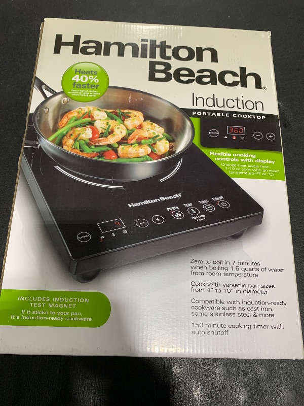 Photo 1 of Hamilton Beach Portable Single Induction Cooktop Countertop Burner Hot Plate with Fast Heating Mode, 1800 Watts, 10 Temperature Settings up to 450F, Black (34104)