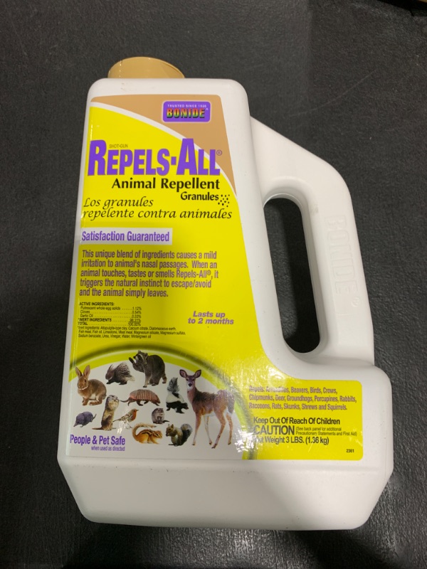 Photo 1 of Bonide Repels-All Animal Repellent Granules, 3 lbs. Ready-to-Use Deer & Rabbit Repellent, Deter Pests from Lawn & Garden