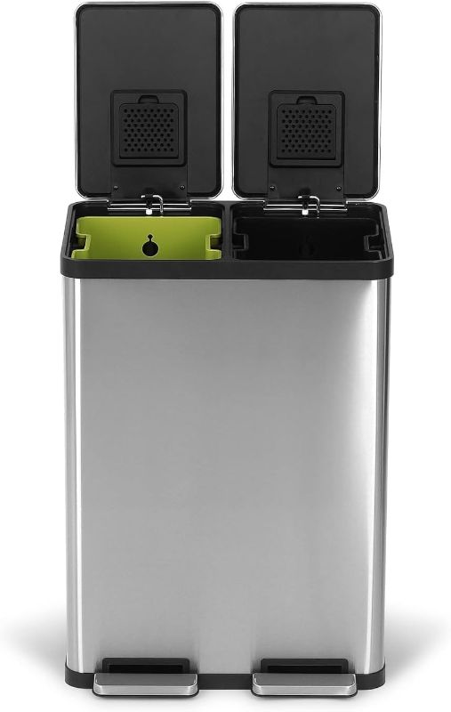 Photo 1 of Simpli-Magic 60 Liter / 16 Gallon Rectangular Hands-Free Dual Compartment Recycling Kitchen Step Trash Can with Soft-Close Lid, Brushed Stainless Steel (30L x 30L Capacity)
